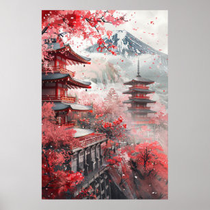 Fuji und Pagode – Klassische japanische Landschaft Poster