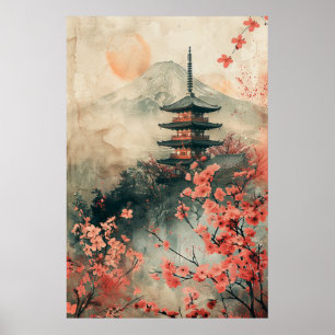Fuji und Pagode – Klassische japanische Landschaft Poster