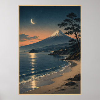 Fujiberg Strand im Mondlicht Vintage Japanische La Poster