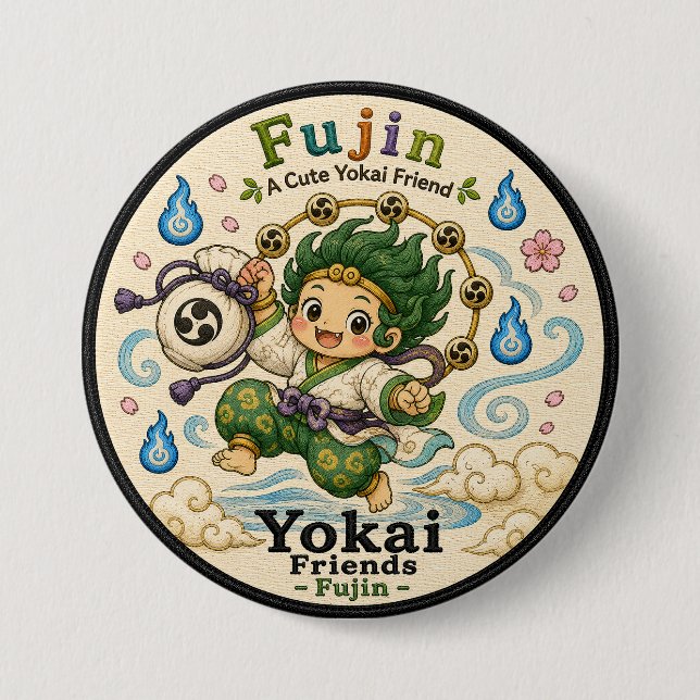 Fujin Japanese Wind God Yokai Pin Button (Vorderseite)