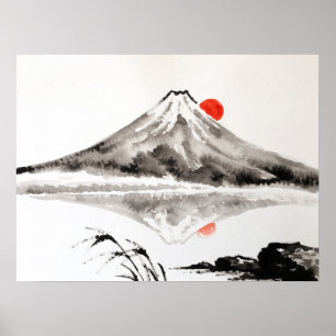 Fujisan-See-Reflexion Rote Sonne Sumi-e-Tusche-Kun Poster