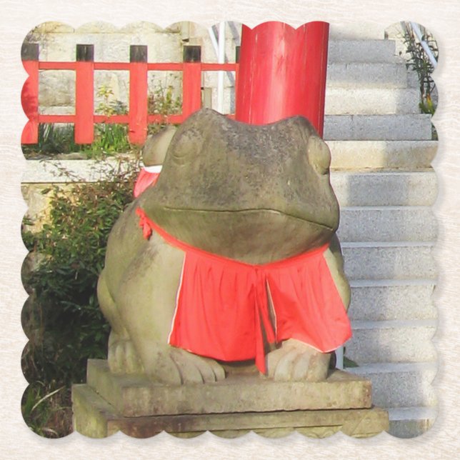 Fuku Kaeru 福 か え Fortune Frog mit Red Yodarekake Untersetzer (Vorderseite)