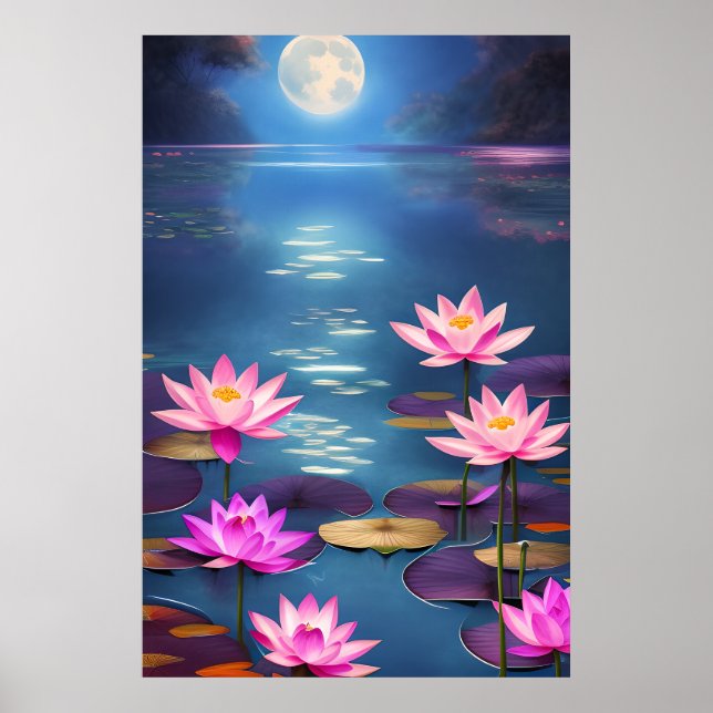 Full Moon and Beautiful Pink Lotus Flowers Poster (Vorne)