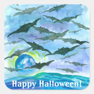 Full Moon Bats Happy Halloween Quadratischer Aufkleber