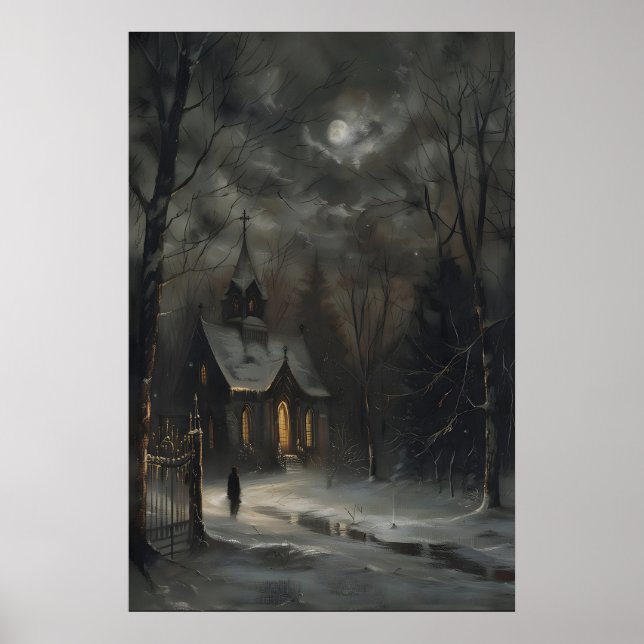 Full Moon Church in Snow Art Print Dark Academia Poster (Vorne)