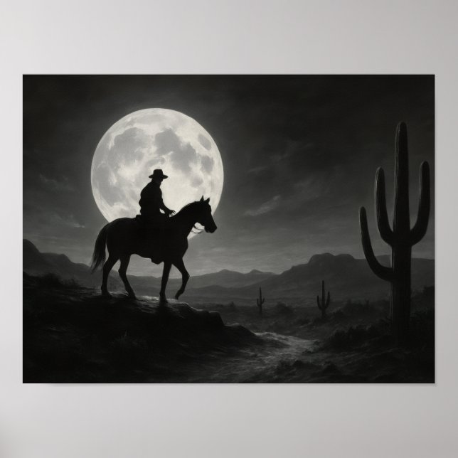 Full Moon Desert Print - Silver Night Western Poster (Vorne)
