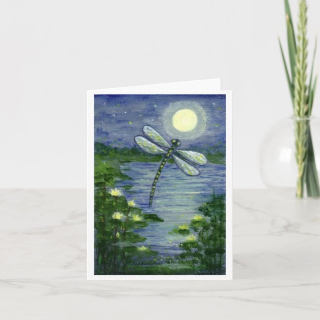 Full Moon Dragonfly Pond Waterlilies Art Note Card Karte (Vorderseite)