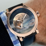 Full Moon Fantasy Landscape Wolf Watch Armbanduhr<br><div class="desc">Herrenuhr mit bemalter magischer Fantasielandschaft mit Vollmond und Wolf.</div>