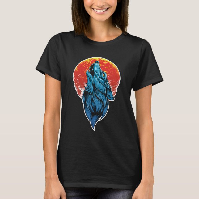 Full Moon Howling Wolf Illustration T-Shirt (Vorderseite)