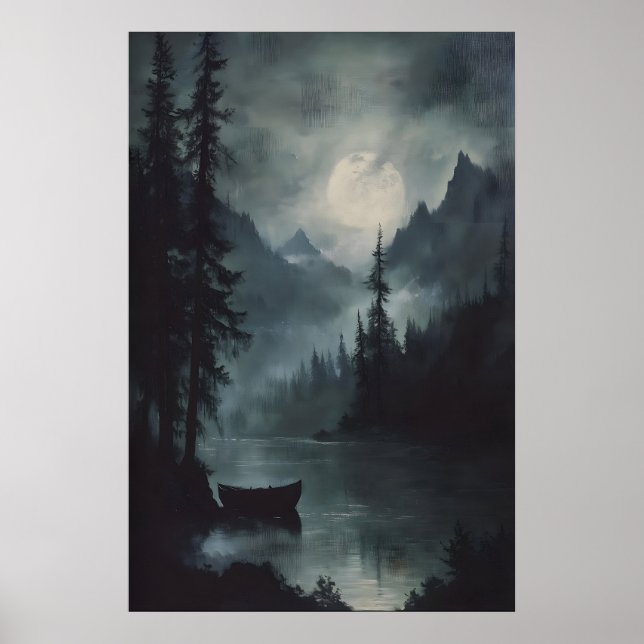 Full Moon Mountain Lake Art Dark Woodland Moody Poster (Vorne)