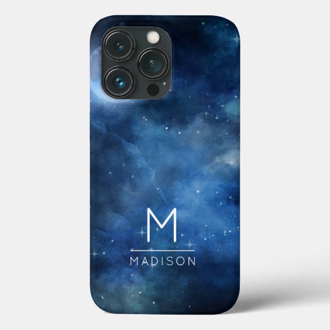 Full Moon Navy Blue Galaxy Sky Celestial Monogram Case-Mate iPhone Hülle (Rückseite)