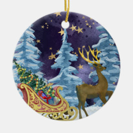 Full Moon Over Reindeer With Sleigh Keramik Ornament