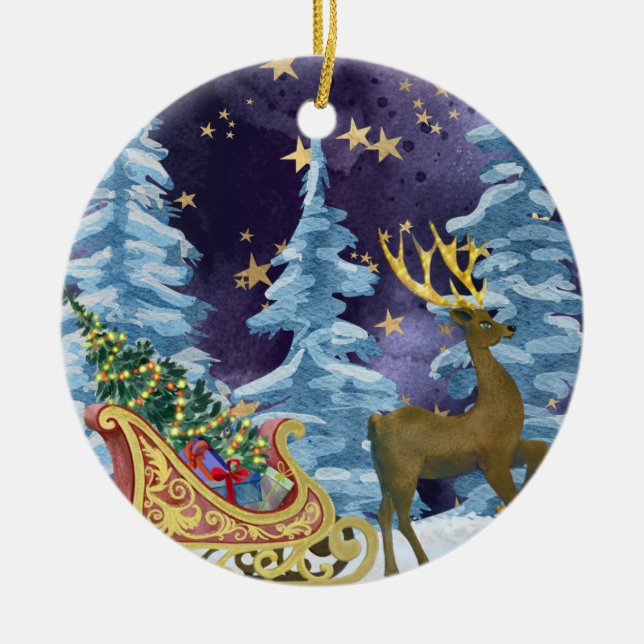 Full Moon Over Reindeer With Sleigh Keramik Ornament (Vorne)