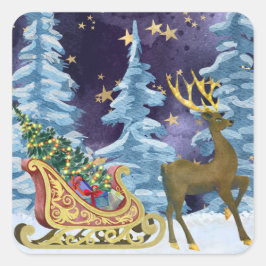 Full Moon Over Reindeer With Sleigh Quadratischer Aufkleber