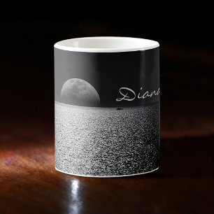 Full Moon Rise Over Ocean Water Black & White Name Kaffeetasse