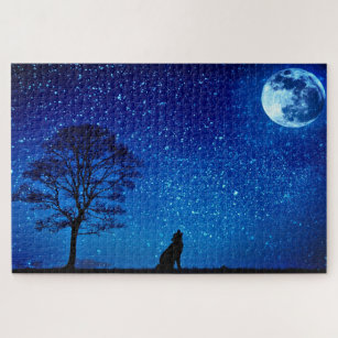 Full Wolf Moon - Blauer Nachthimmel mit Sternen Puzzle