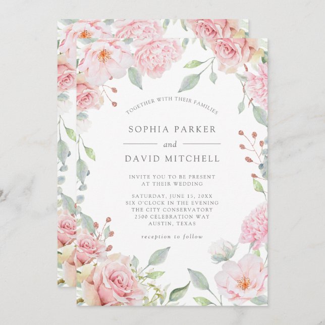 Fülle Rose | Elegante Rosa Blumenhochzeit Einladung (Vorne/Hinten)