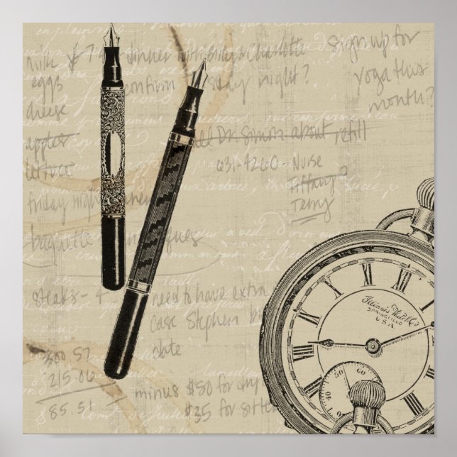 Füllhalter und Watchface mit Notizen Poster (Vorne)