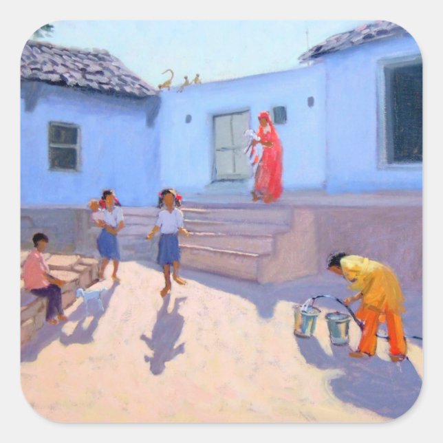 Füllung von Wassereimern Rajasthan Indien Quadratischer Aufkleber (Vorderseite)
