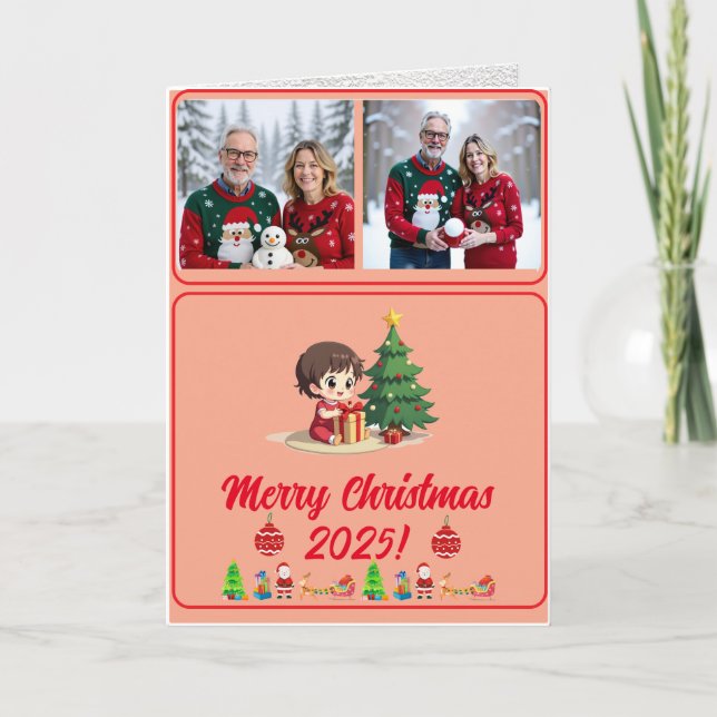 Fully Custom 2 Photo Traditional Folded Xmas Card Dankeskarte (Vorderseite)