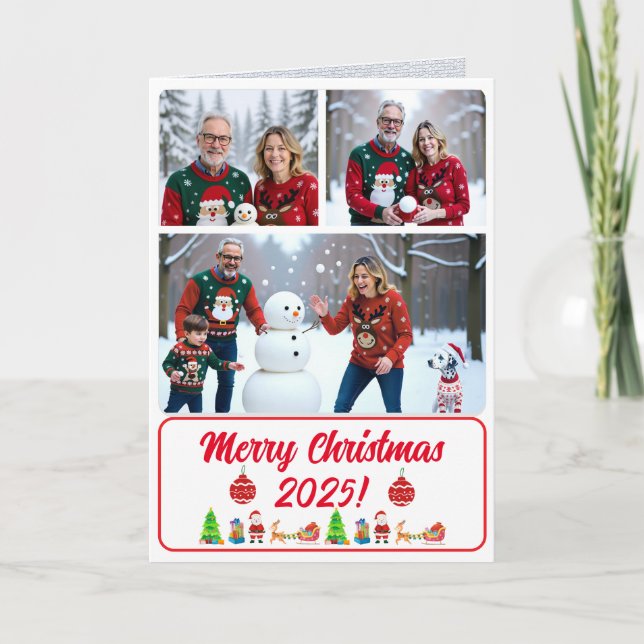 Fully Custom 3 Photo Traditional Folded Xmas Card Dankeskarte (Vorderseite)