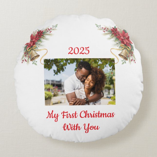 Fully Customizable First Christmas Round Pillow Rundes Kissen (Vorderseite)