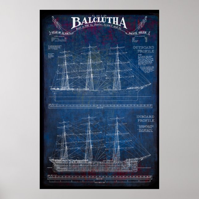 Fully-Rigged Segelschiff BALCLUTHA Blueprint 1886 Poster (Vorne)