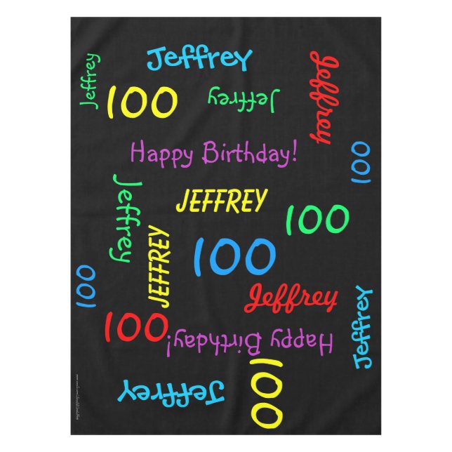 FUN 100th Birthday Party, Repeating Names Black Tischdecke (Vorderseite)