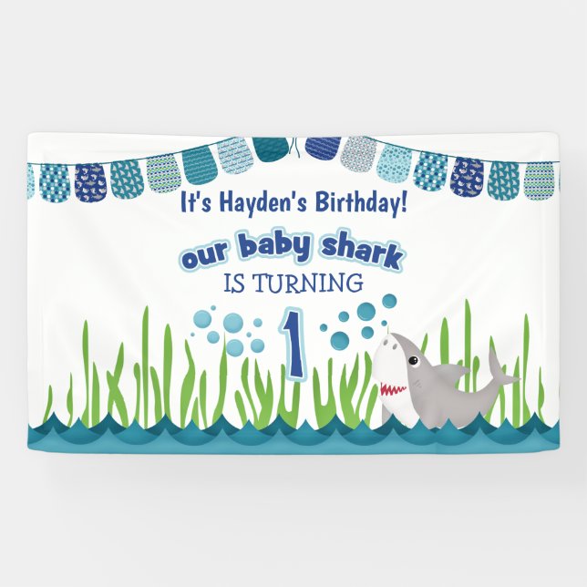 Fun 1. Geburtstag Blue Aquamarin Shark Ocean Kid B Banner (Horizontal)