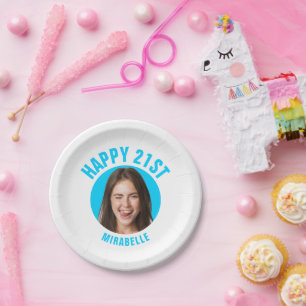 Fun 21. Geburtstag CUSTOM TEXT Foto Aquamarin Pappteller