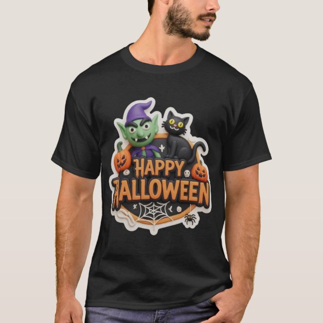 Fun 3D Happy Halloween sign with goblin black cat  T-Shirt (Vorderseite)