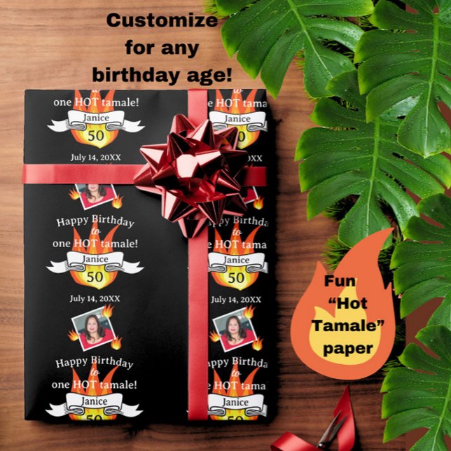 Fun 50. Geburtstag "Hot Tamale" Foto Geschenkpapier (Fun 50th birthday "Hot Tamale" personalized photo wrapping paper. May be customized for any age.)