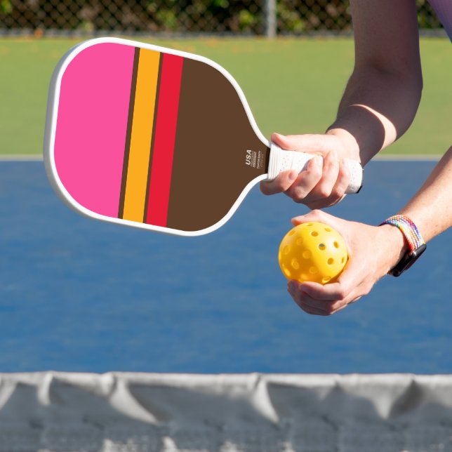 Fun 70er Bold Brown Pink Yellow Red Racing Streife Pickleball Schläger (InSitu)