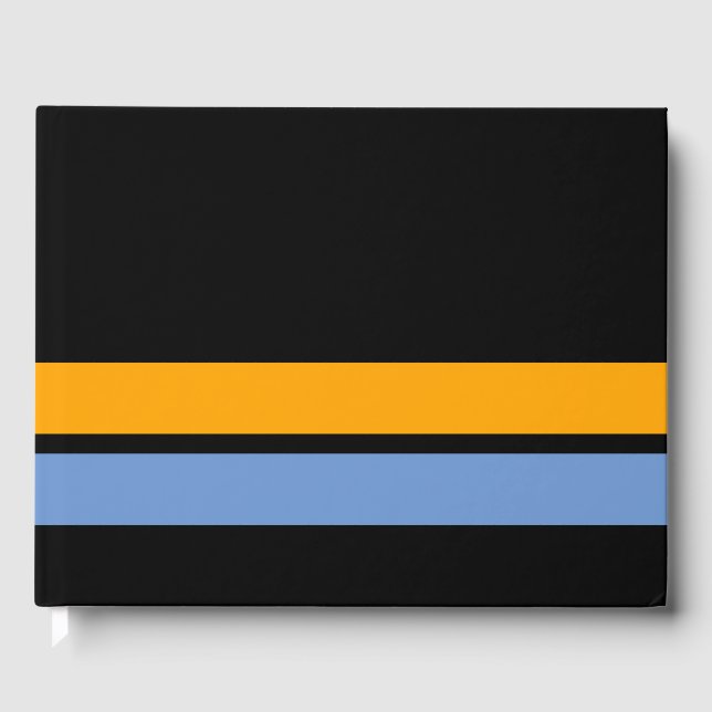 Fun 70er Gelb blaue Kante Streifen auf schwarz Gästebuch (Vorderseite)