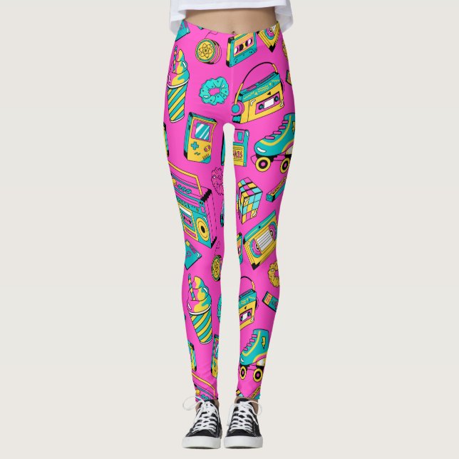 Fun 80er Girly farbenfroh Retro Bright Neon Pink Leggings (Vorderseite)