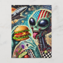 Fun Alien Eating Cheeseburger Encaustic Collage