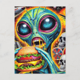 Fun Alien Eating Cheeseburger Postkarte