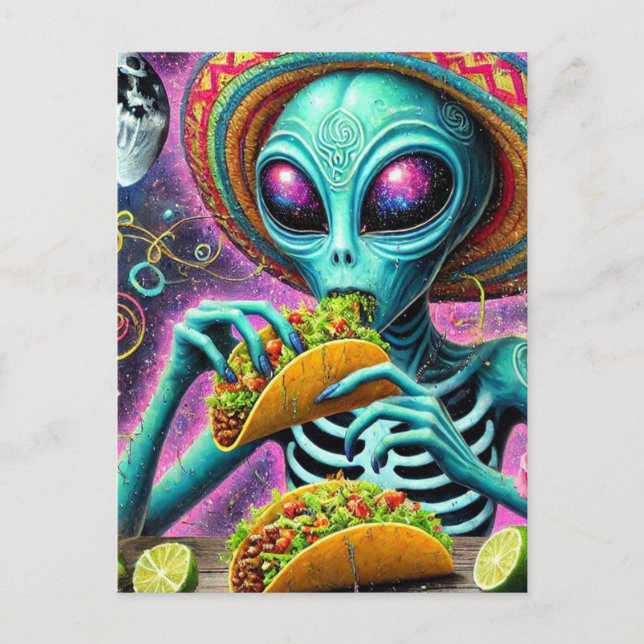 Fun Alien Eating Tacos Postkarte (Vorderseite)