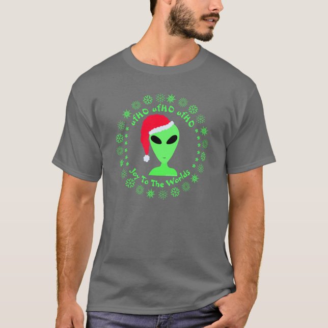 Fun Alien Santa Geek Spaß Grüne Schneeflocken Spaß T-Shirt (Vorderseite)