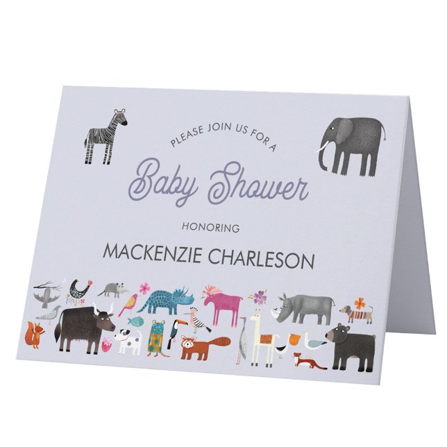 Fun Animal Baby Shower Einladung (Animal personalized baby shower invitation, with safari, jungle, wild, zoo & pet animals and birds)