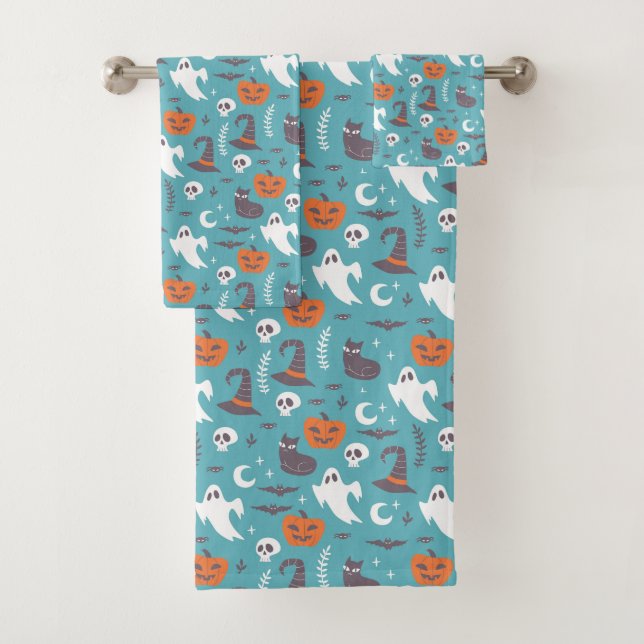 Fun Aquamarin Doodle Halloween Muster Badhandtuch Set (Insitu)