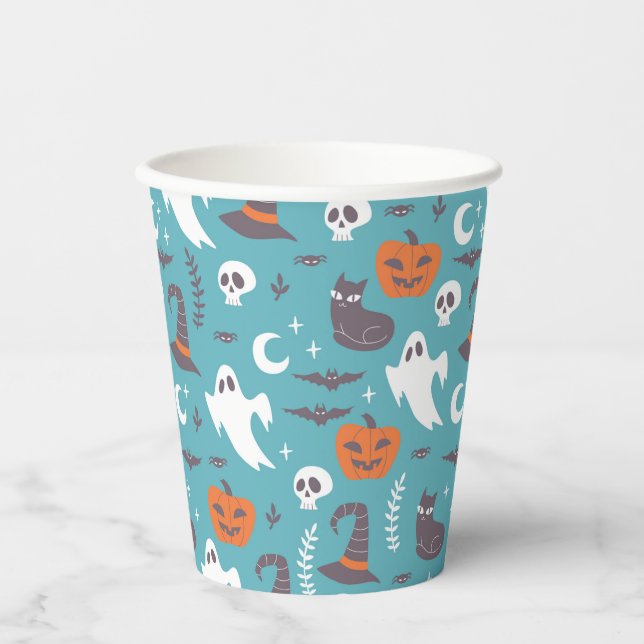 Fun Aquamarin Doodle Halloween Muster Pappbecher (Vorderseite)