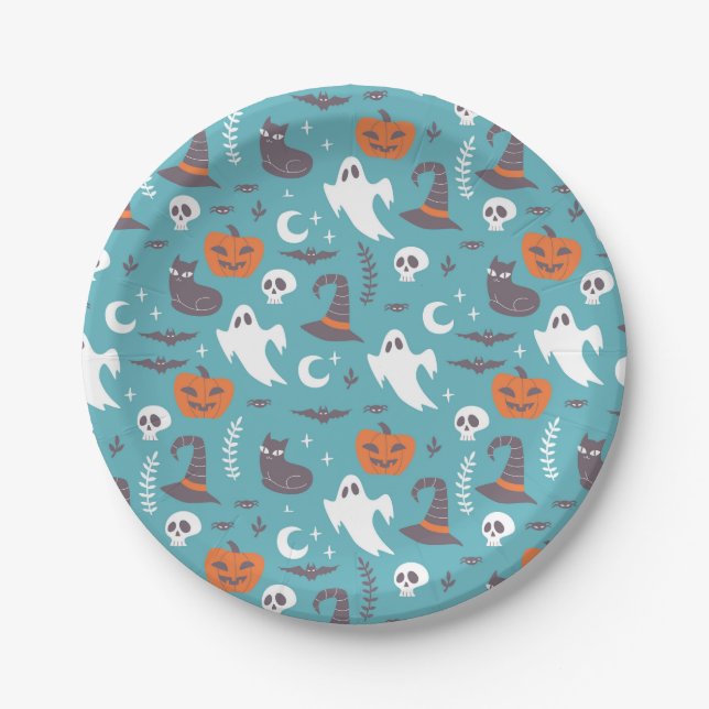 Fun Aquamarin Doodle Halloween Muster Pappteller (Vorderseite)