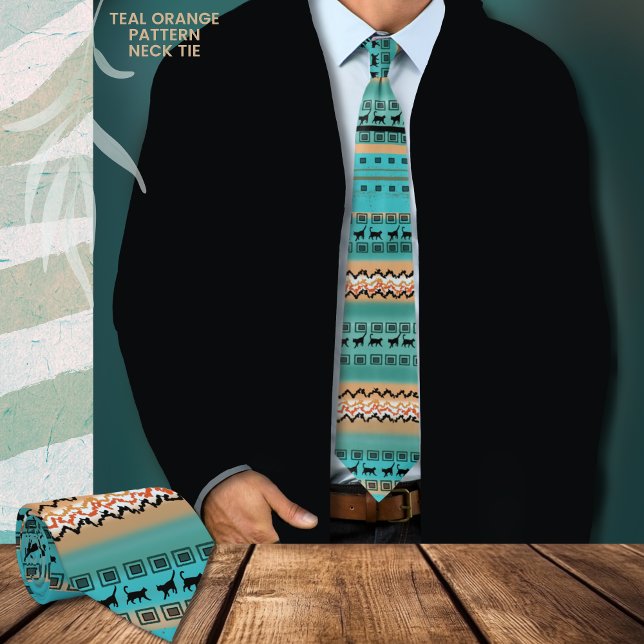 Fun Aquamarin Orange Cats Muster Krawatte (Teal and Orange pattern neck tie with cats graphic, with dark jacket)