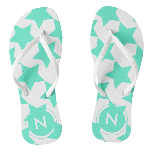 Fun Aquamarin Stars Muster Mit Monogramm Flip Flop (Fußbett)