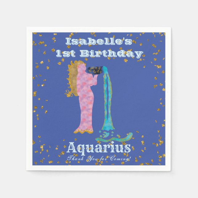 Fun Aquarius Erster Geburtstag & Gold Confetti Serviette (Vorderseite)
