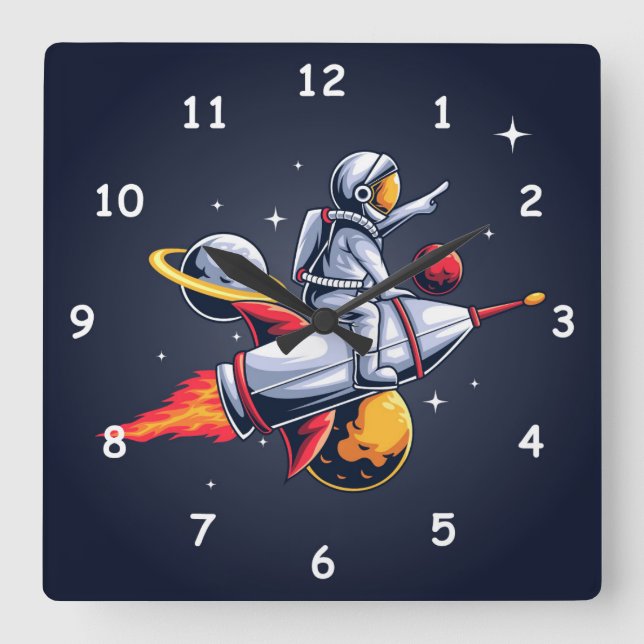 Fun Astronaut fliegt durch die Weltraumdarstellung Quadratische Wanduhr (Vorderseite)