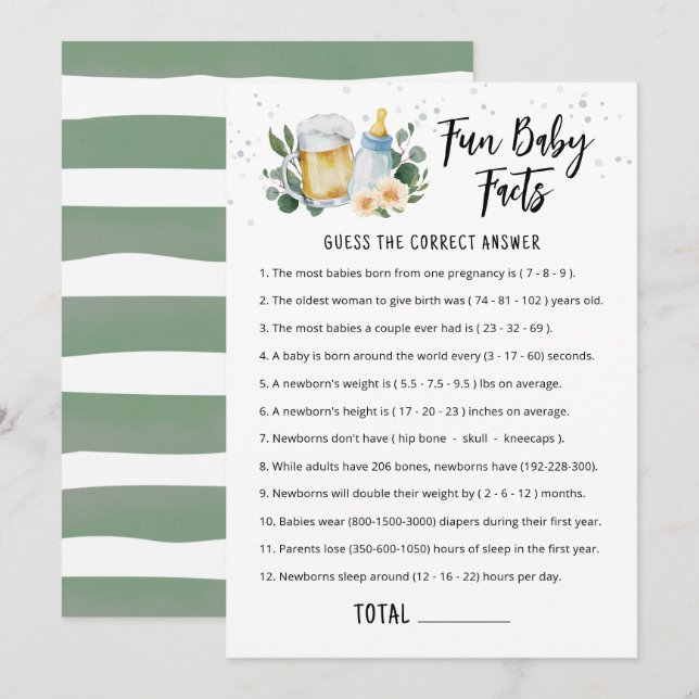 Fun Baby Facts Game Greenery Baby Is Brewing card Einladung (Vorne/Hinten)