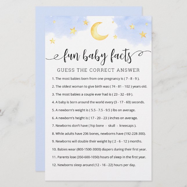 Fun Baby Facts Game with Answers Baby Shower Party (Vorne/Hinten)