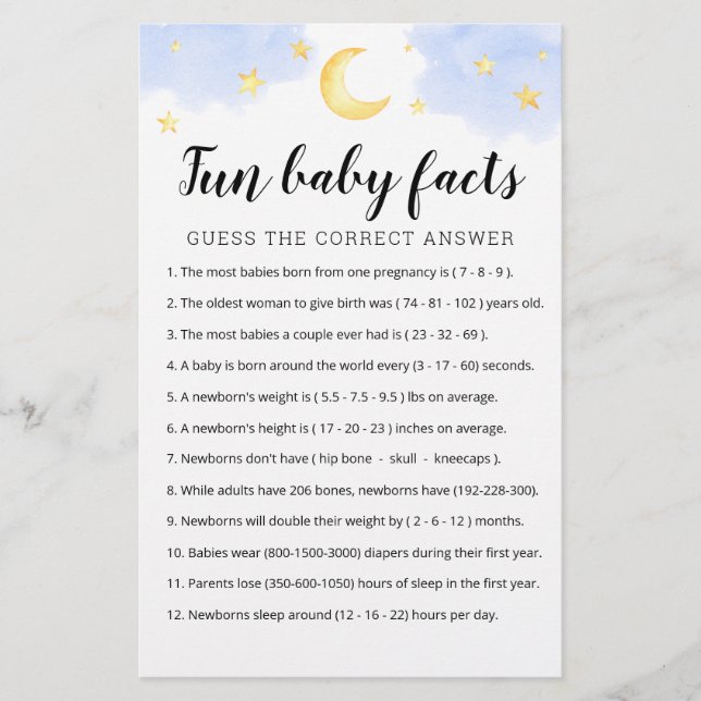 Fun Baby Facts Game with Answers Baby Shower Party (Vorderseite)
